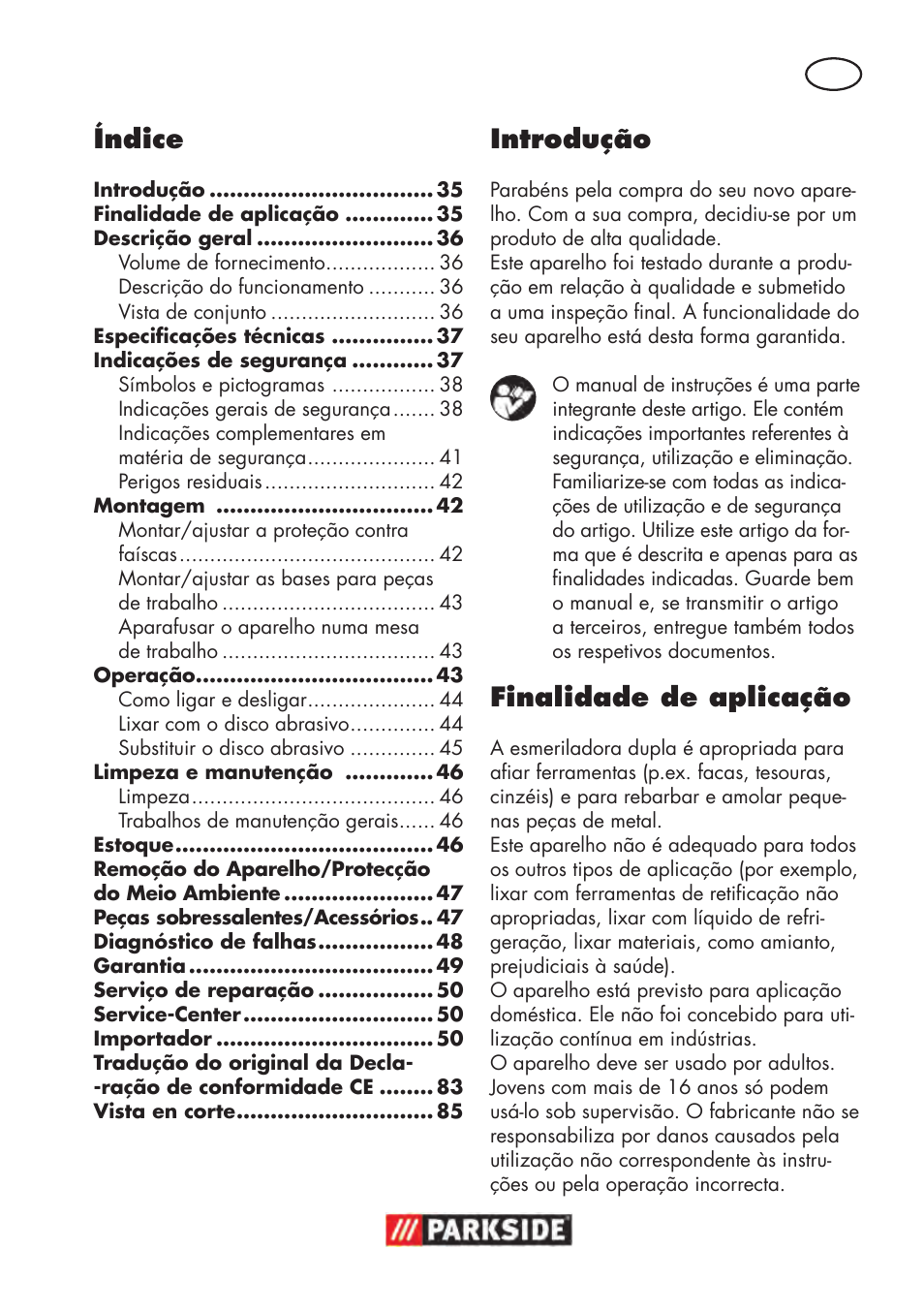 Introdução, Finalidade de aplicação, Índice | Parkside PDOS 200 B2 User Manual | Page 35 / 88