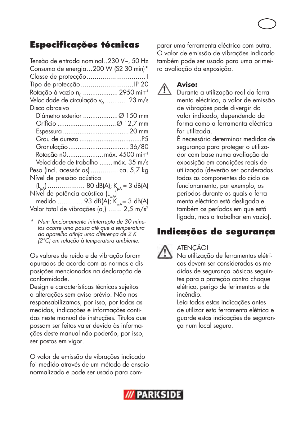 Especificações técnicas, Indicações de segurança | Parkside PDOS 200 B2 User Manual | Page 37 / 88