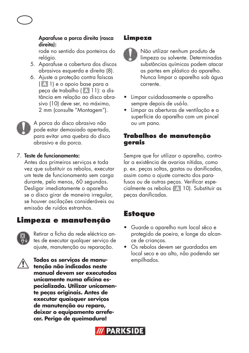 Limpeza e manutenção, Estoque | Parkside PDOS 200 B2 User Manual | Page 46 / 88