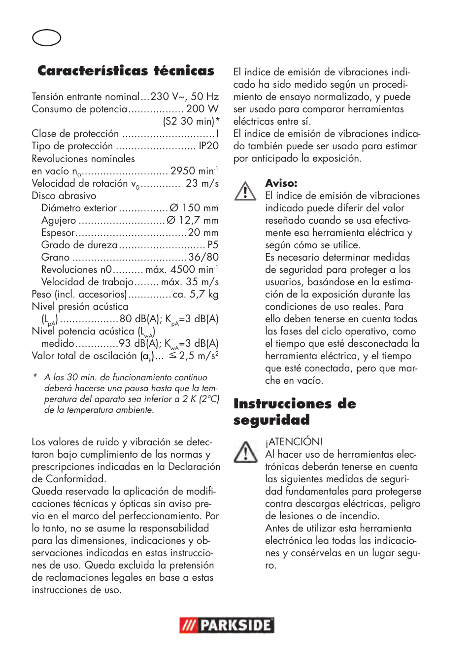 Características técnicas, Instrucciones de seguridad | Parkside PDOS 200 B2 User Manual | Page 6 / 88