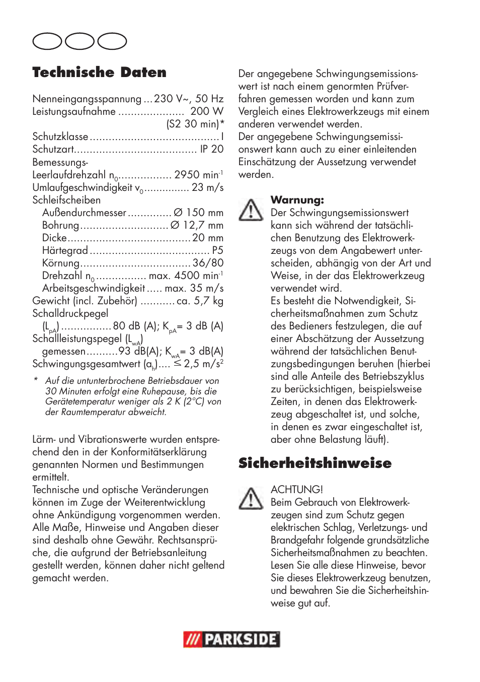 Technische daten, Sicherheitshinweise, De at ch | Parkside PDOS 200 B2 User Manual | Page 68 / 88