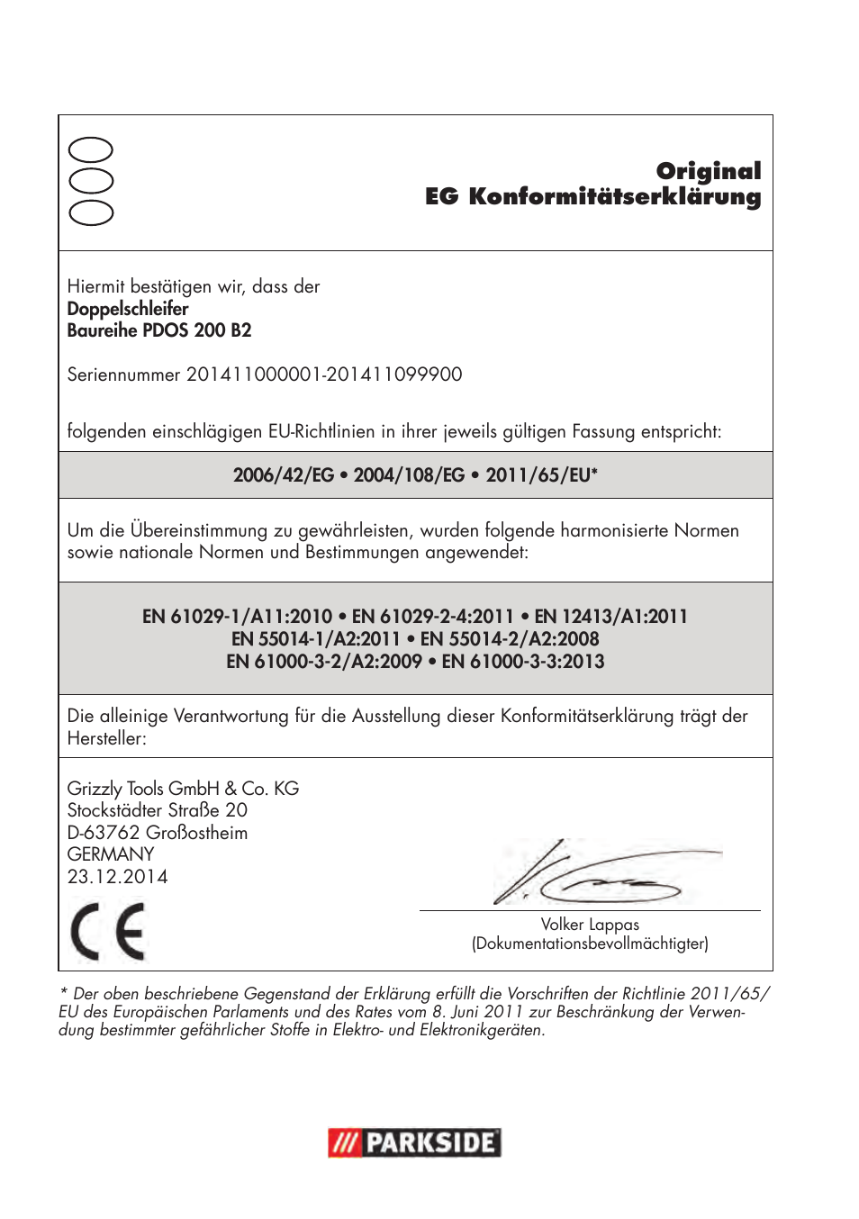 Original eg konformitätserklärung | Parkside PDOS 200 B2 User Manual | Page 84 / 88