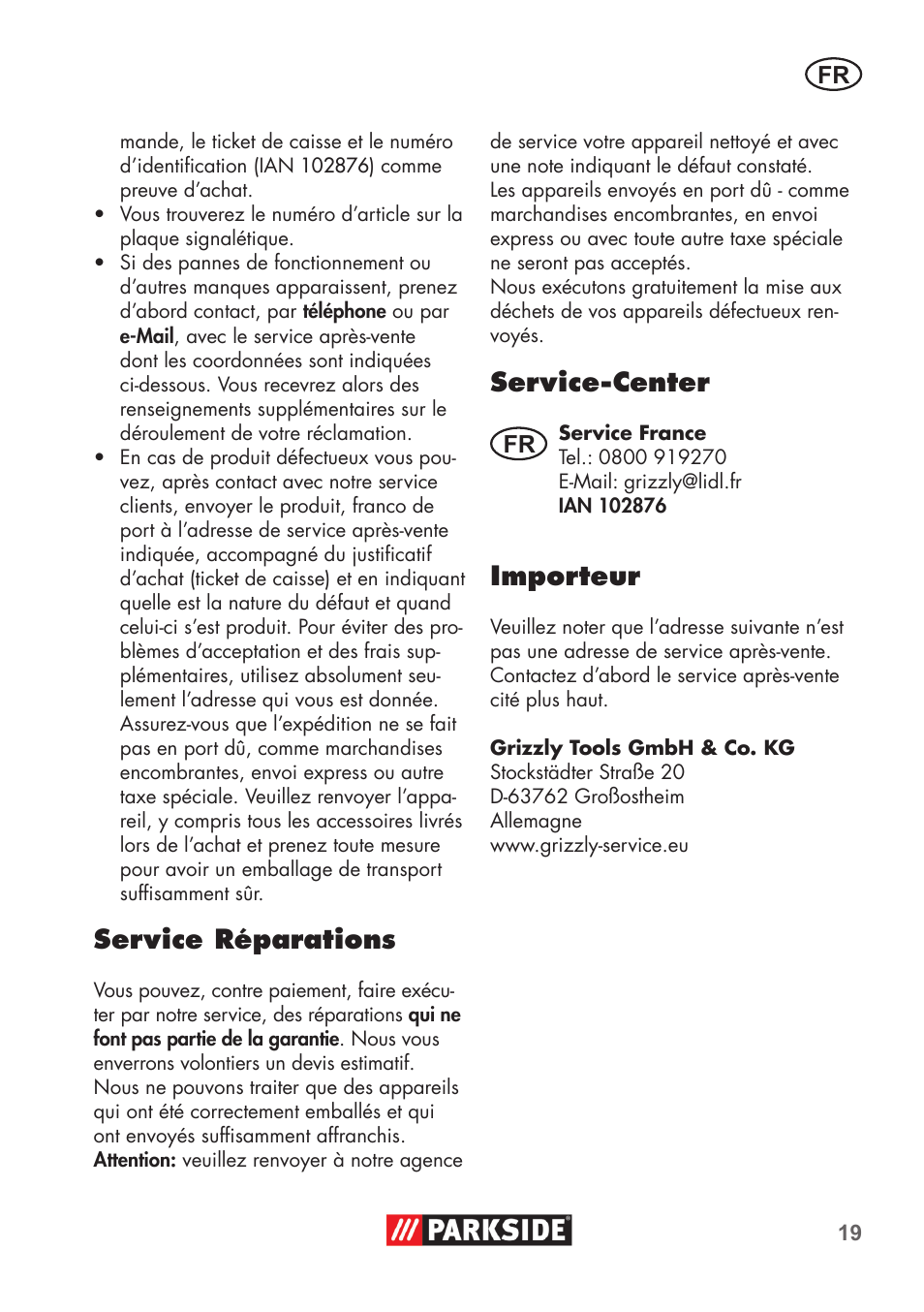 Service réparations, Service-center, Importeur | Parkside PDOS 200 B2 User Manual | Page 19 / 56