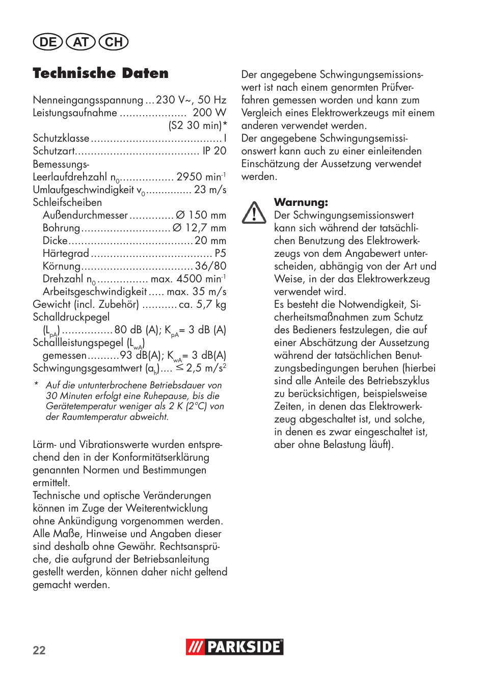 Technische daten, De at ch | Parkside PDOS 200 B2 User Manual | Page 22 / 56