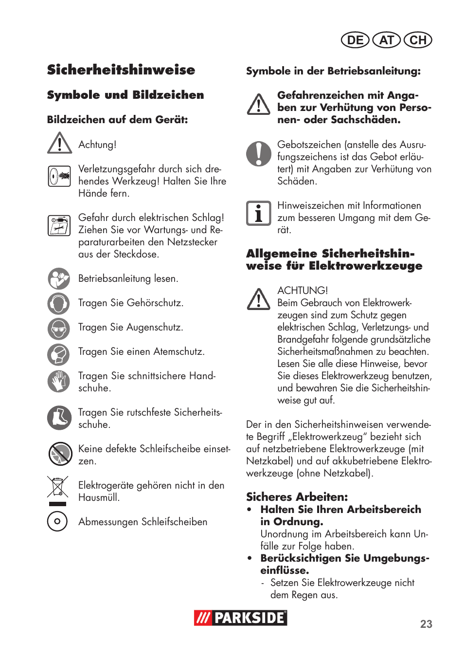 Sicherheitshinweise, De at ch | Parkside PDOS 200 B2 User Manual | Page 23 / 56