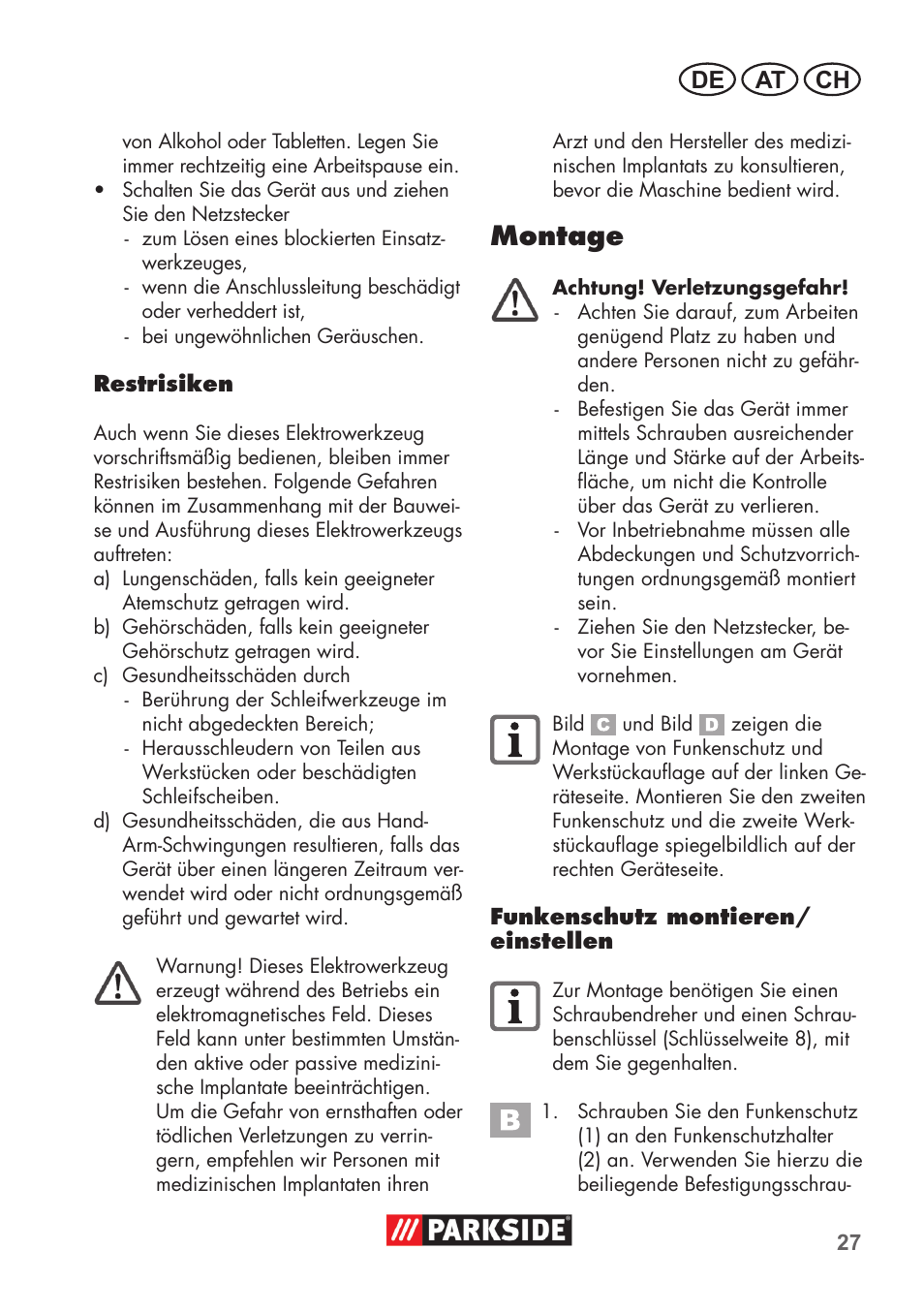 Montage, De at ch | Parkside PDOS 200 B2 User Manual | Page 27 / 56