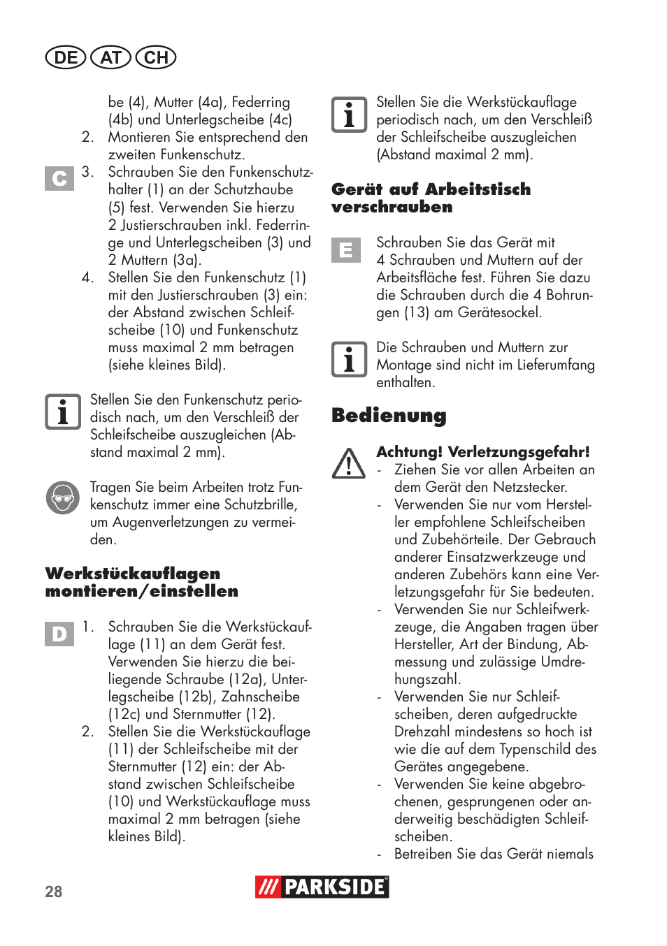 Bedienung, De at ch | Parkside PDOS 200 B2 User Manual | Page 28 / 56