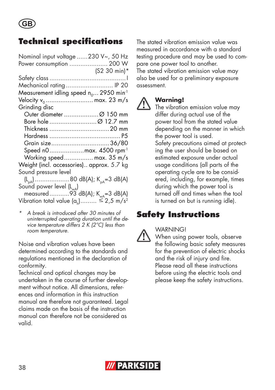 Technical specifications, Safety instructions | Parkside PDOS 200 B2 User Manual | Page 38 / 56