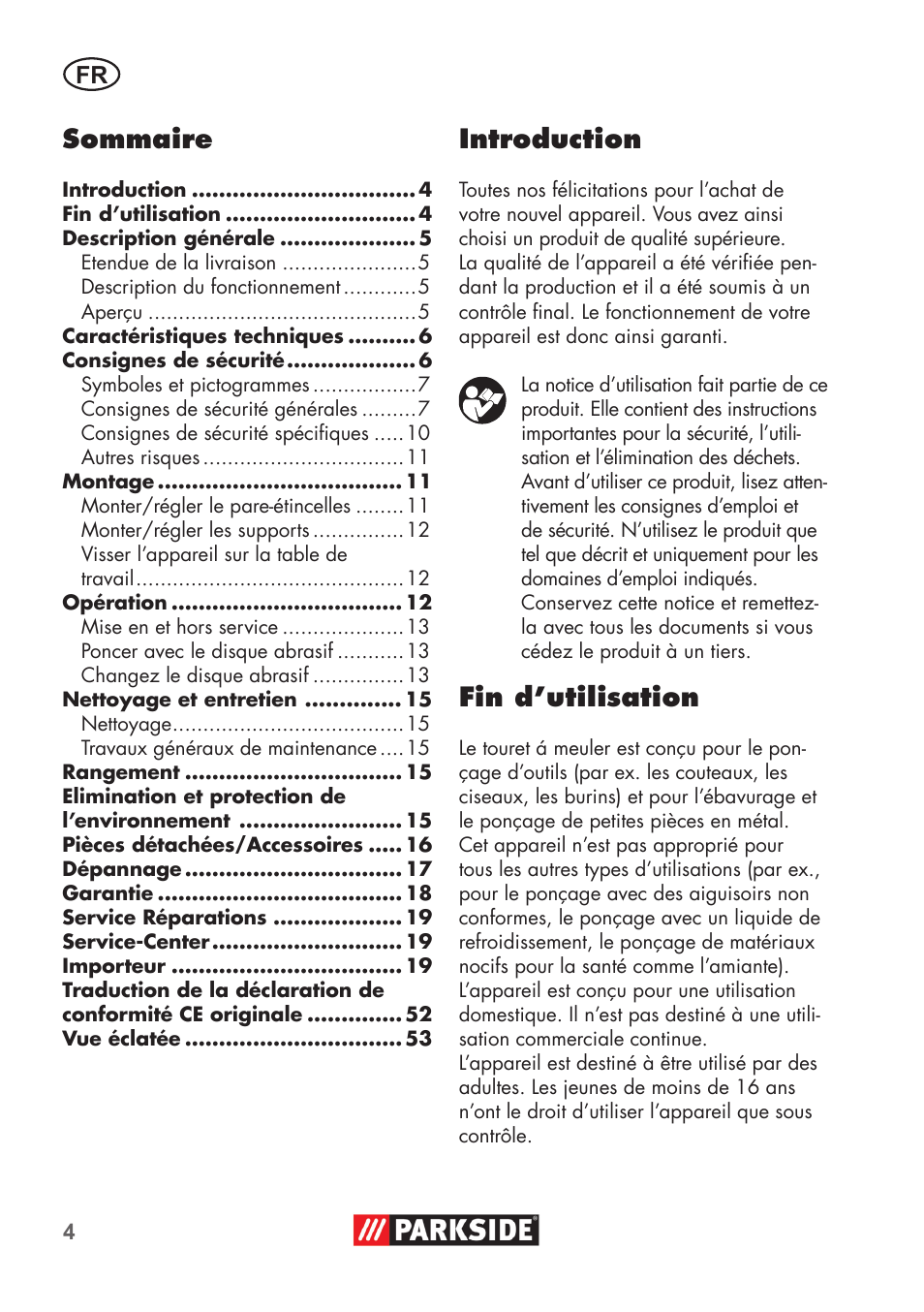 Introduction, Fin d’utilisation, Sommaire | Parkside PDOS 200 B2 User Manual | Page 4 / 56