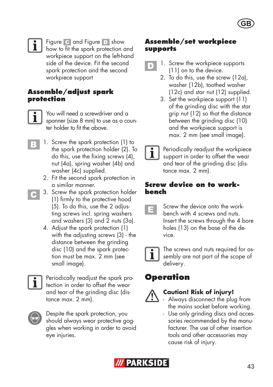 Operation | Parkside PDOS 200 B2 User Manual | Page 43 / 56