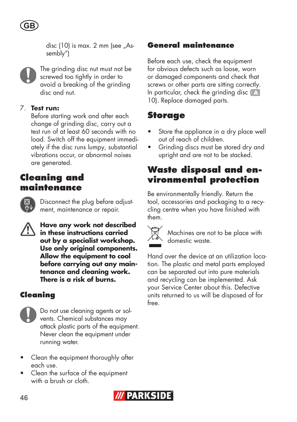 Cleaning and maintenance, Storage, Waste disposal and en- vironmental protection | Parkside PDOS 200 B2 User Manual | Page 46 / 56