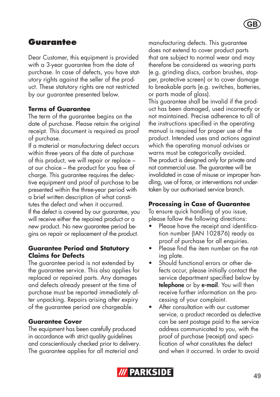 Guarantee | Parkside PDOS 200 B2 User Manual | Page 49 / 56