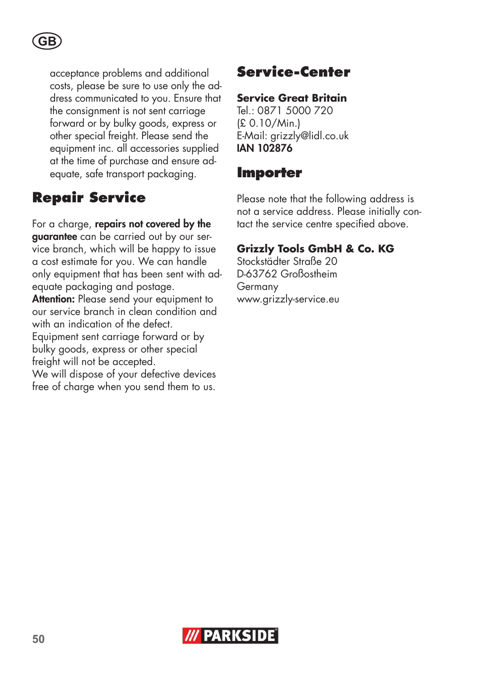 Repair service, Service-center, Importer | Parkside PDOS 200 B2 User Manual | Page 50 / 56