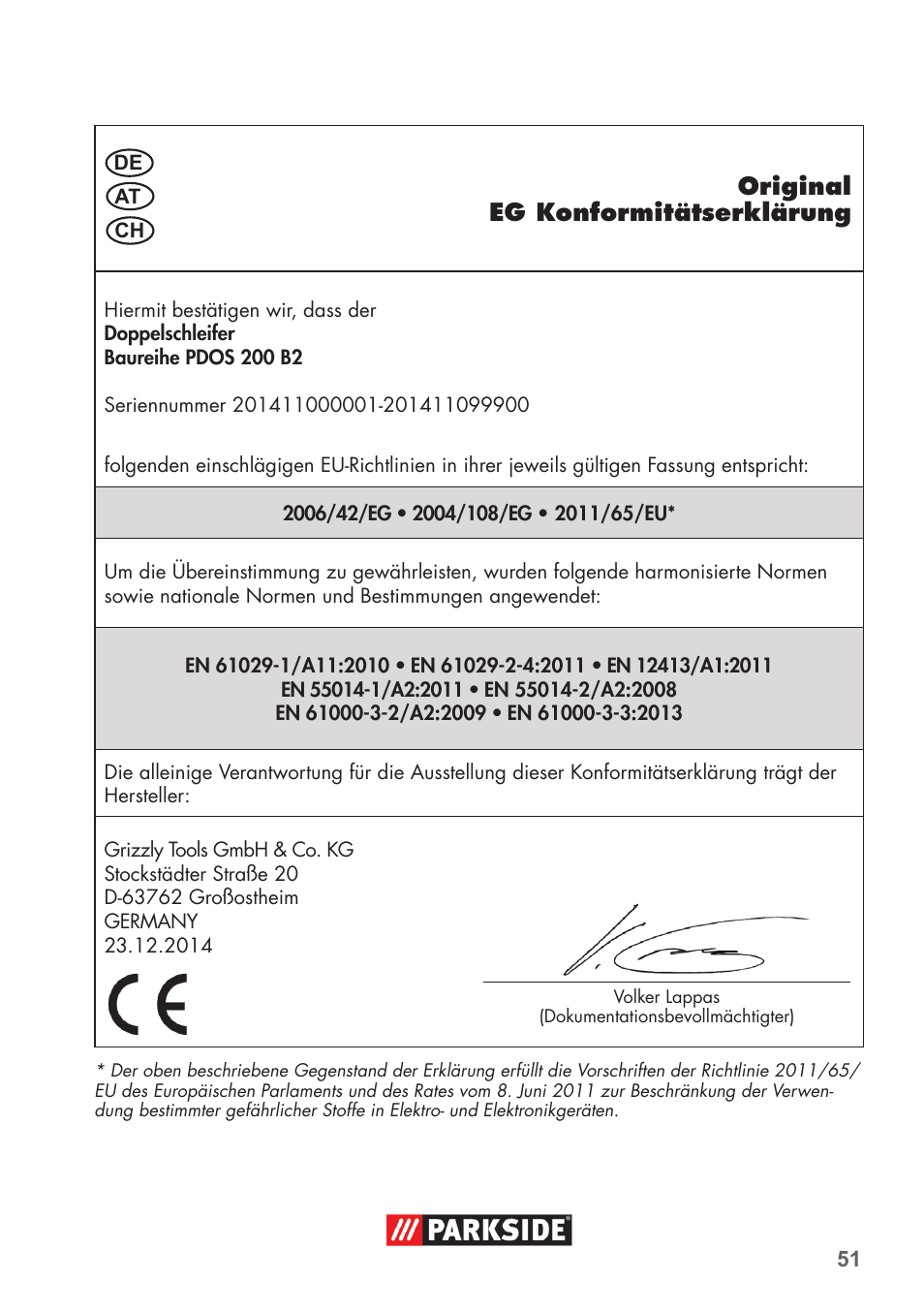 Original eg konformitätserklärung | Parkside PDOS 200 B2 User Manual | Page 51 / 56