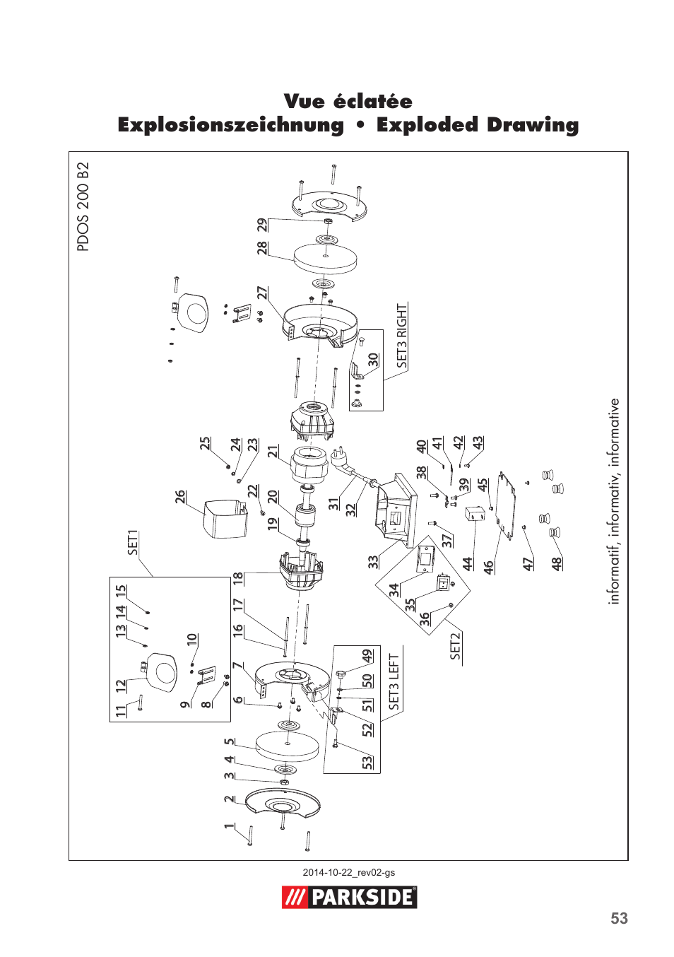 Vue éclatée explosionszeichnung • exploded drawing | Parkside PDOS 200 B2 User Manual | Page 53 / 56