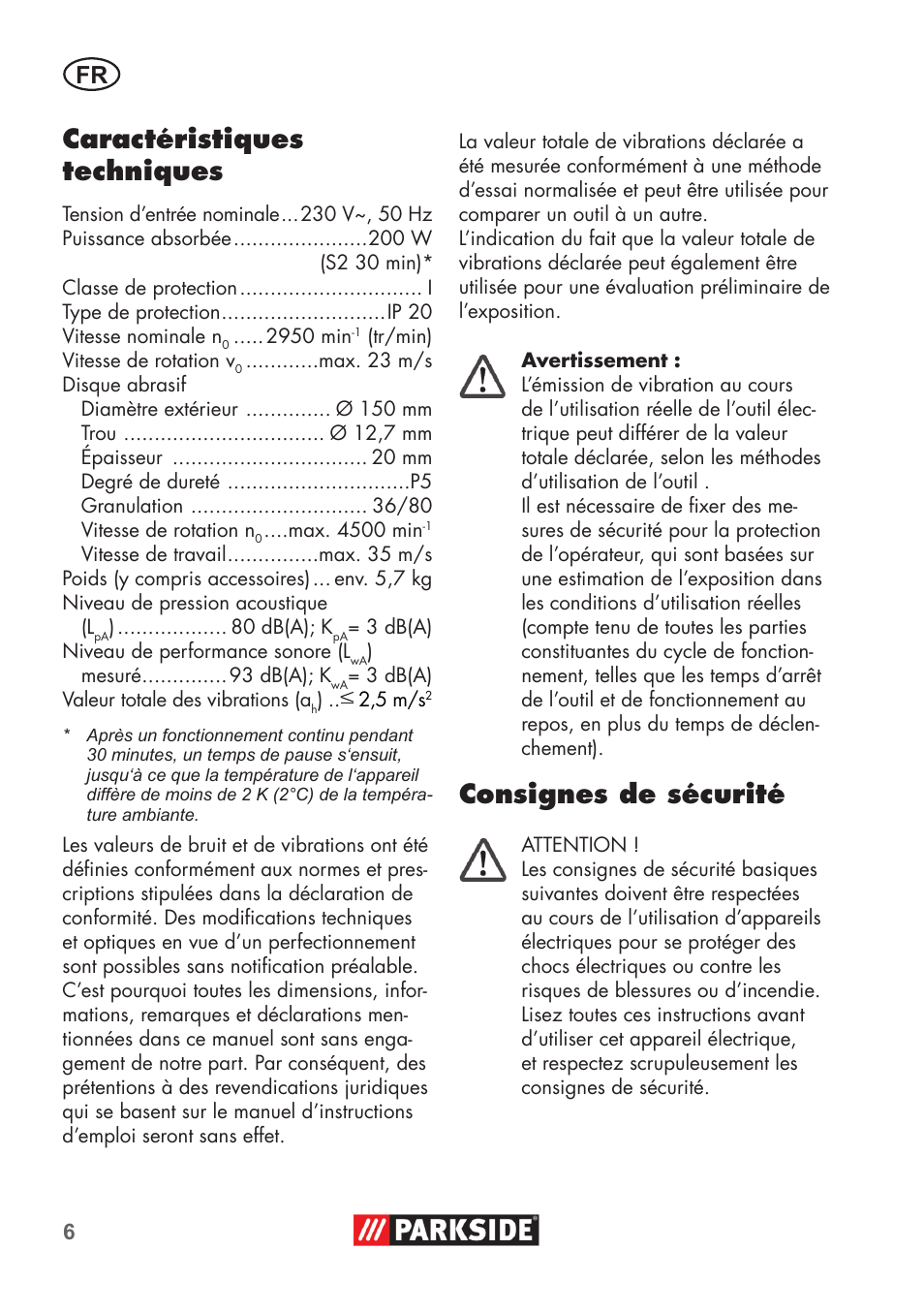 Caractéristiques techniques, Consignes de sécurité | Parkside PDOS 200 B2 User Manual | Page 6 / 56