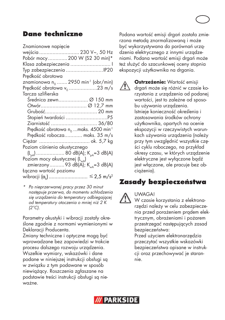 Dane techniczne, Zasady bezpieczeństwa | Parkside PDOS 200 B2 User Manual | Page 21 / 104