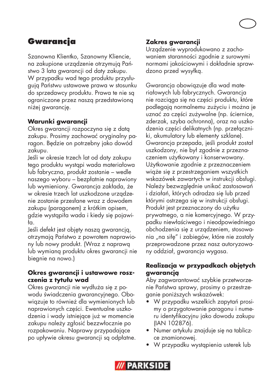 Gwarancja | Parkside PDOS 200 B2 User Manual | Page 33 / 104