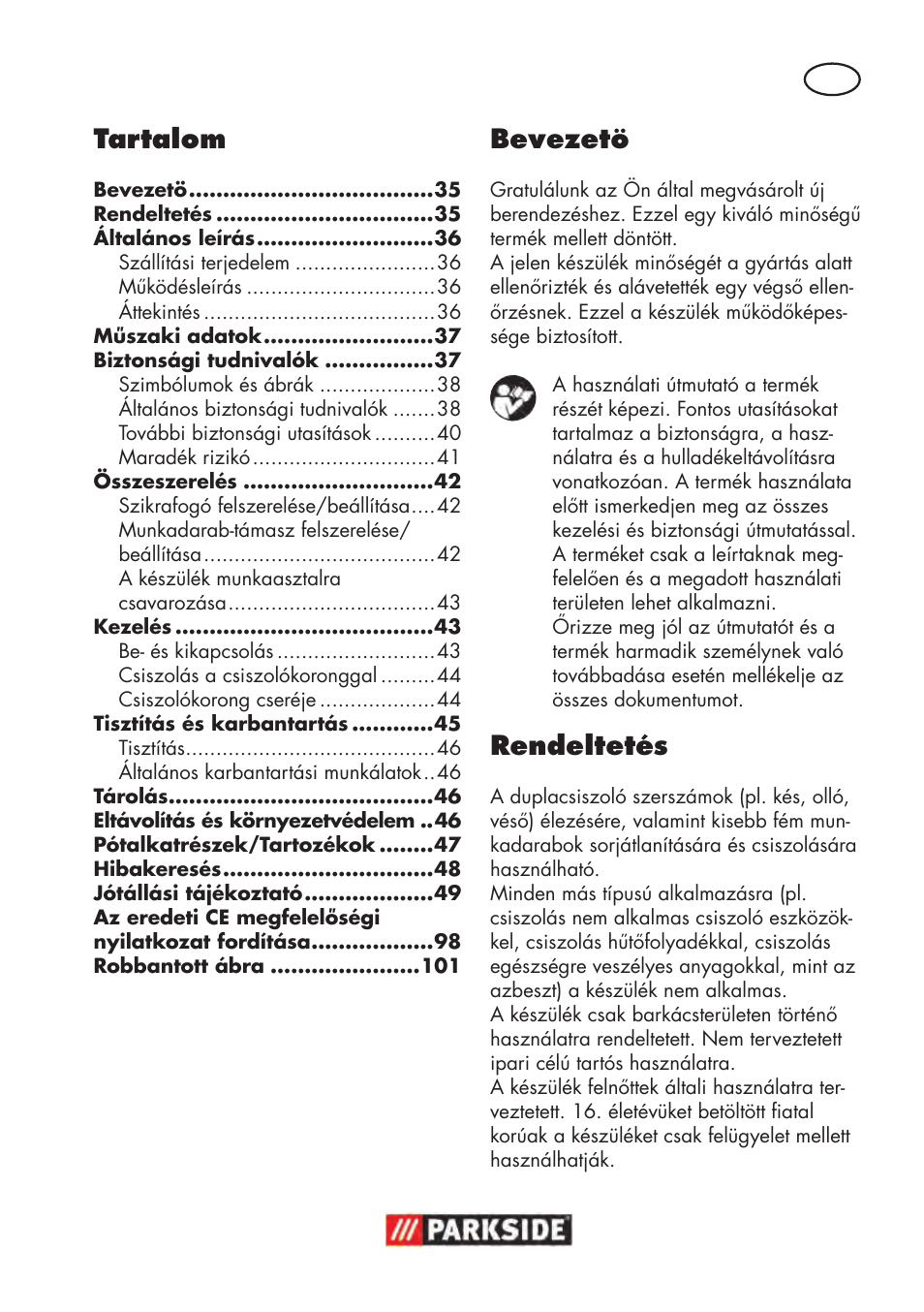 Bevezetö, Rendeltetés, Tartalom | Parkside PDOS 200 B2 User Manual | Page 35 / 104