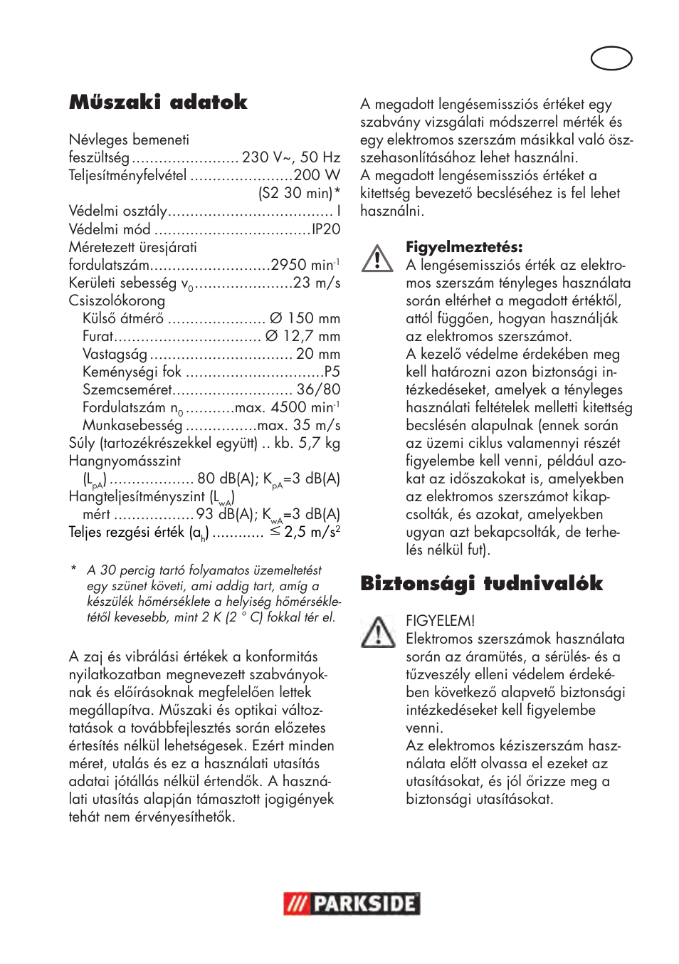 Műszaki adatok, Biztonsági tudnivalók | Parkside PDOS 200 B2 User Manual | Page 37 / 104