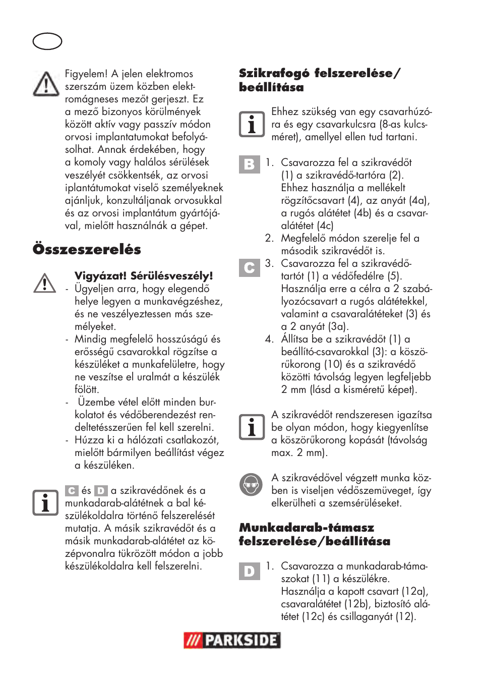 Összeszerelés | Parkside PDOS 200 B2 User Manual | Page 42 / 104