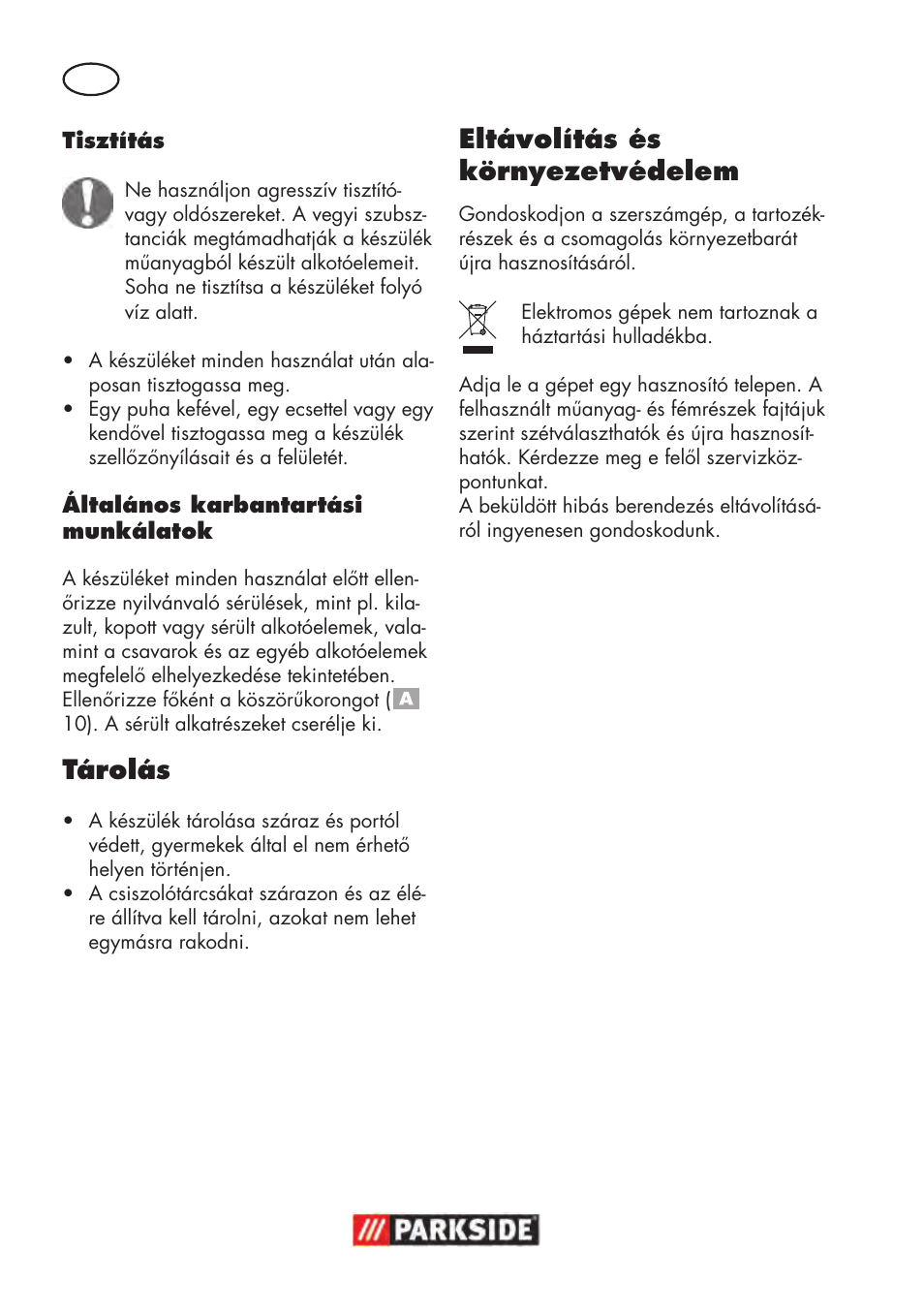 Tárolás, Eltávolítás és környezetvédelem | Parkside PDOS 200 B2 User Manual | Page 46 / 104