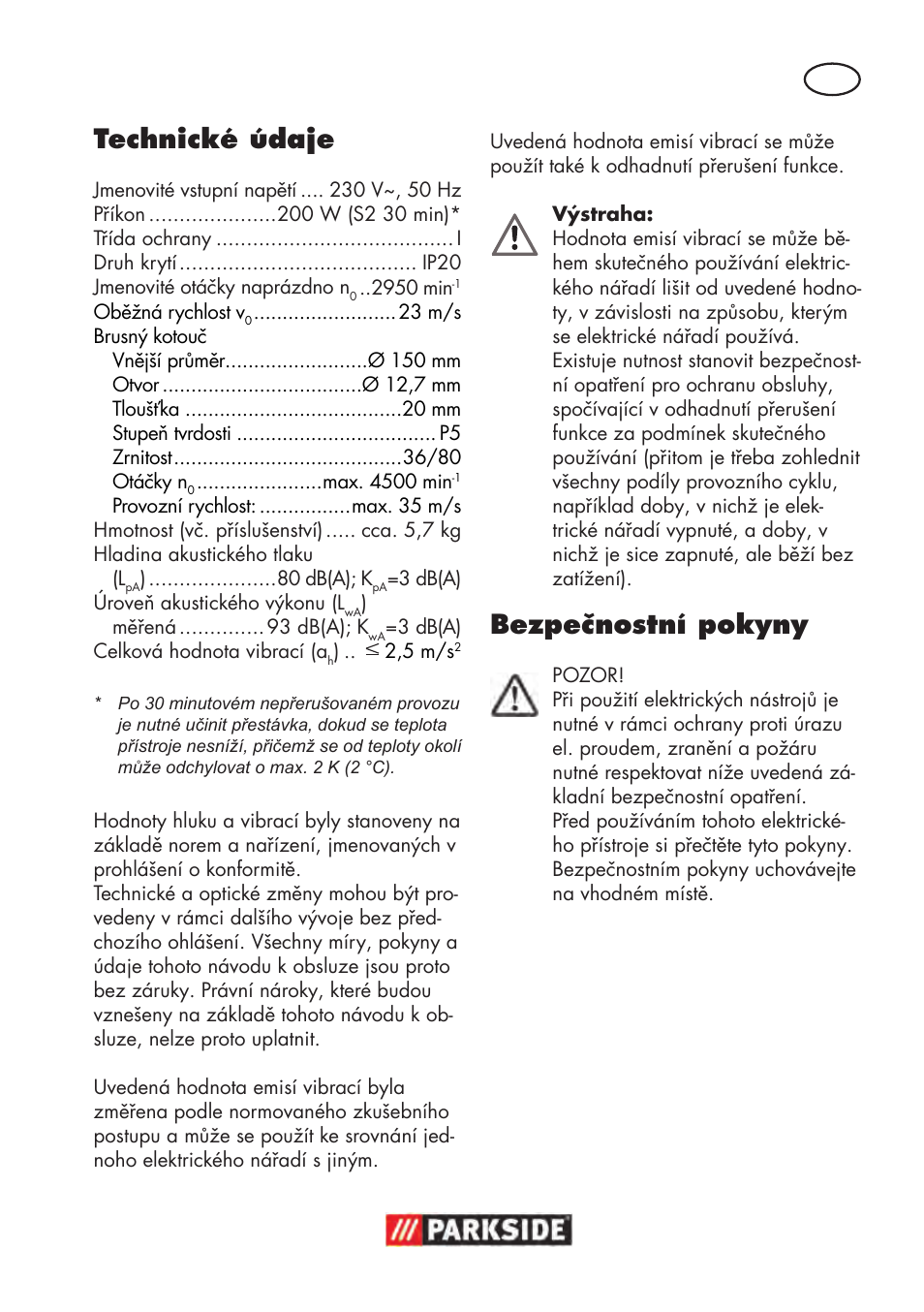 Technické údaje, Bezpečnostní pokyny | Parkside PDOS 200 B2 User Manual | Page 53 / 104