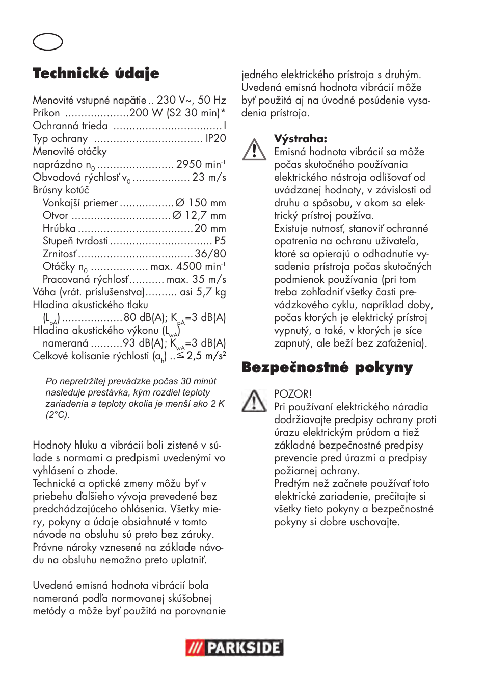 Technické údaje, Bezpečnostné pokyny | Parkside PDOS 200 B2 User Manual | Page 68 / 104