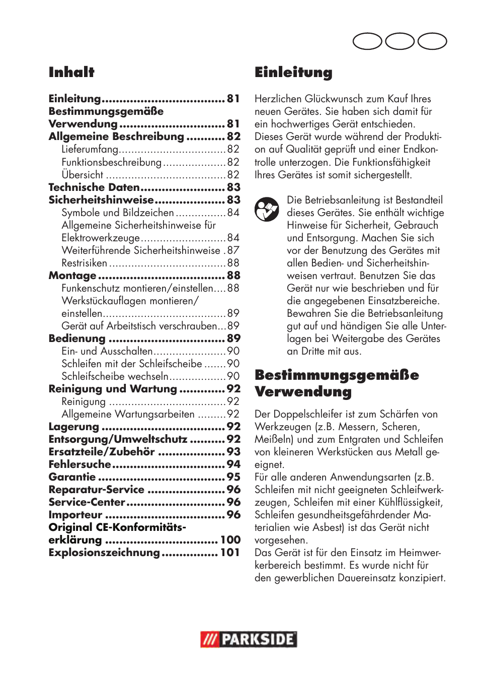 Inhalt, Einleitung, Bestimmungsgemäße verwendung | De at ch | Parkside PDOS 200 B2 User Manual | Page 81 / 104