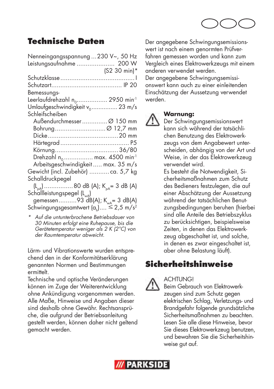 Technische daten, Sicherheitshinweise, De at ch | Parkside PDOS 200 B2 User Manual | Page 83 / 104