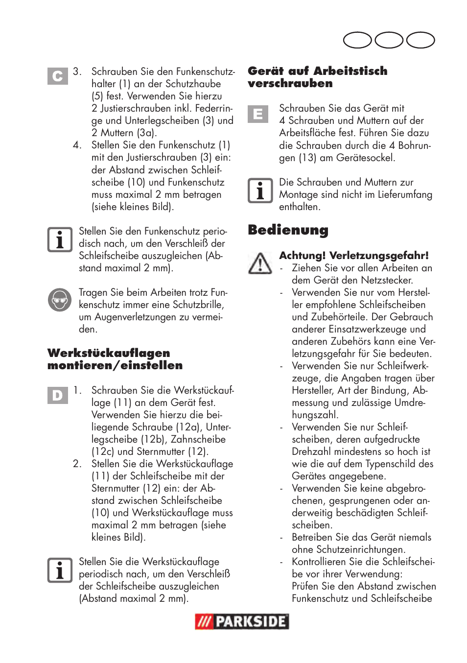 Bedienung, De at ch | Parkside PDOS 200 B2 User Manual | Page 89 / 104