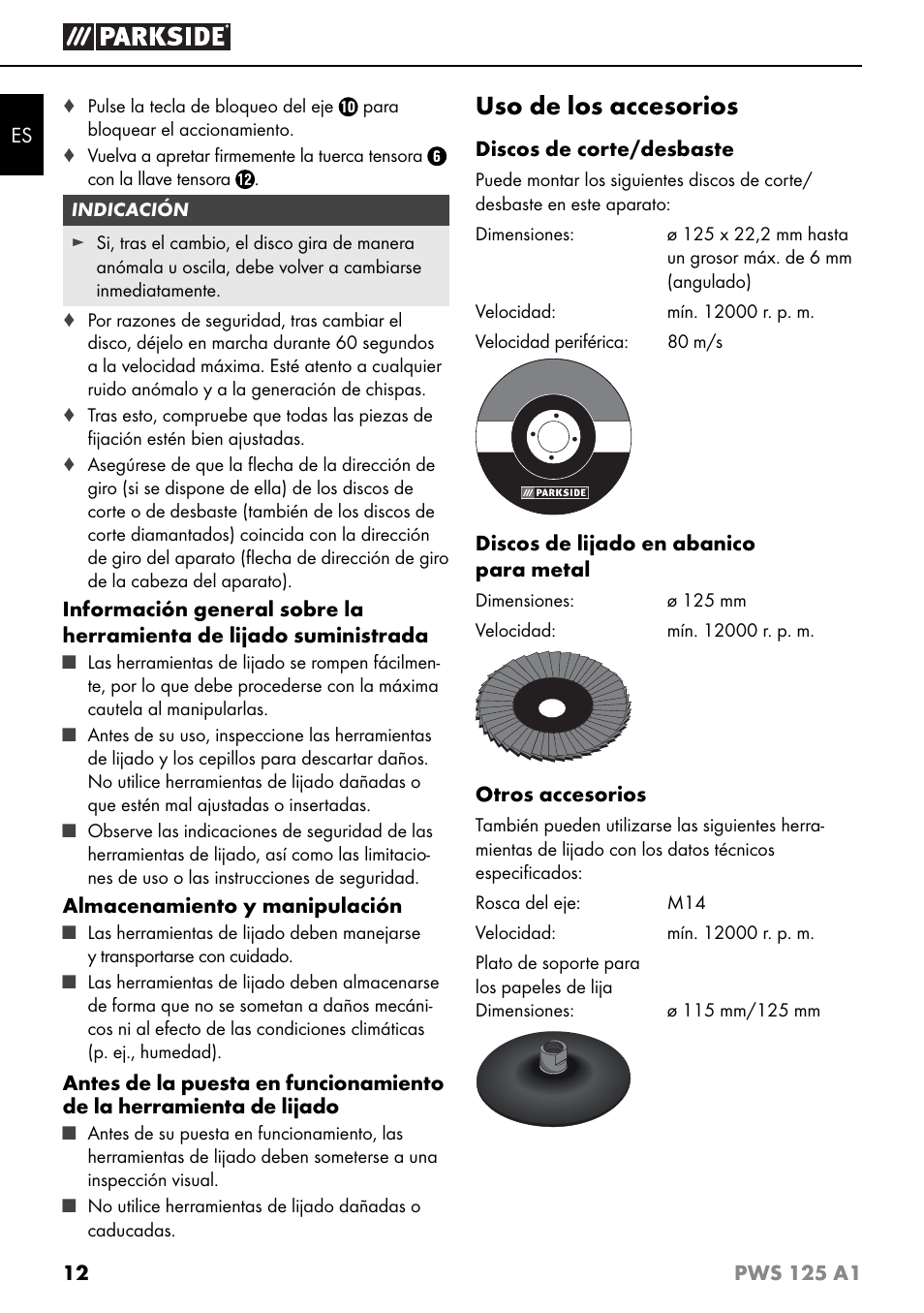 Uso de los accesorios | Parkside PWS 125 A1 User Manual | Page 15 / 79