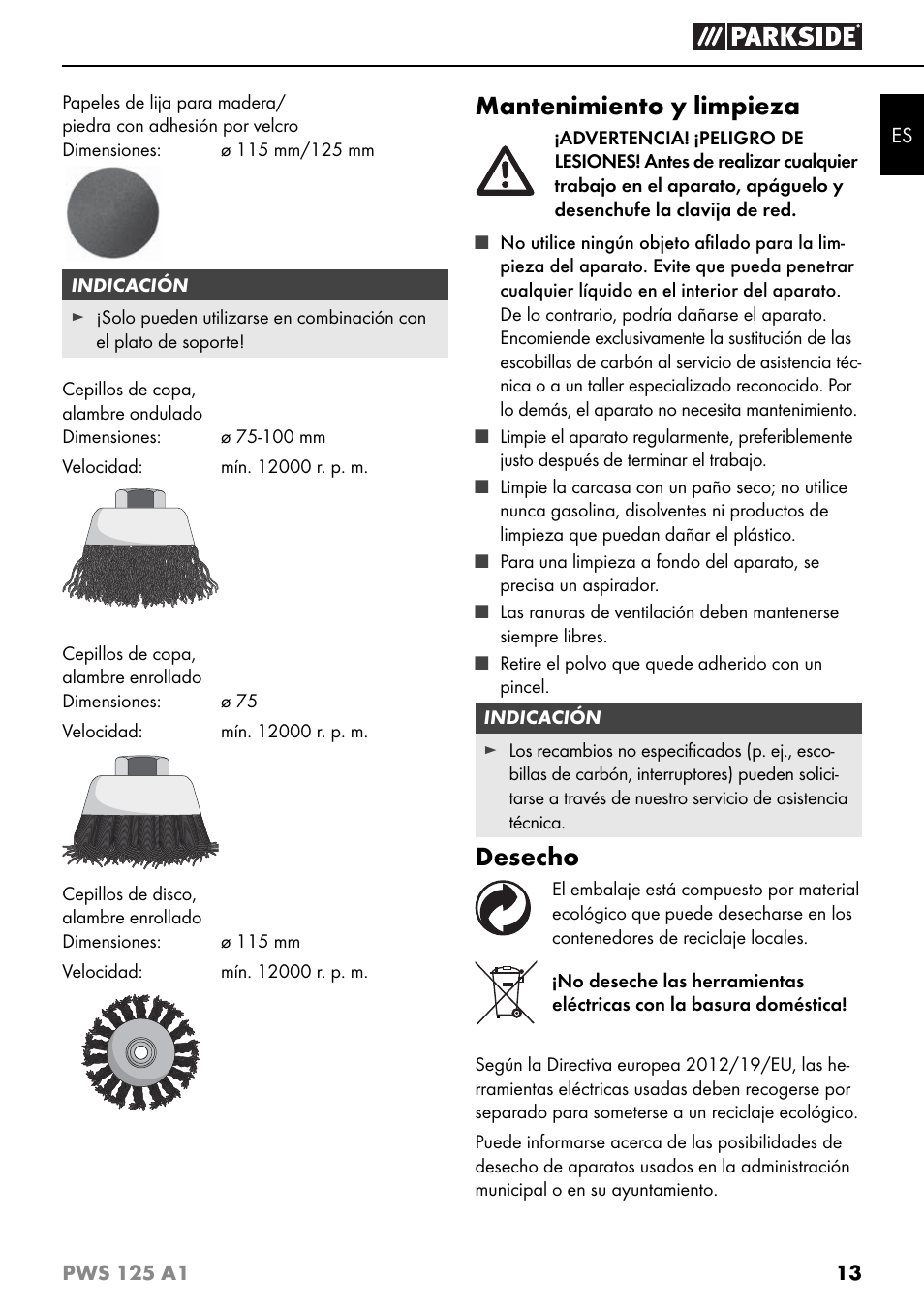 Mantenimiento y limpieza, Desecho | Parkside PWS 125 A1 User Manual | Page 16 / 79