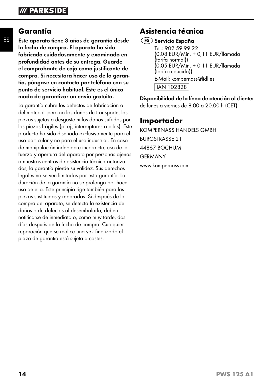 Garantía, Asistencia técnica, Importador | Parkside PWS 125 A1 User Manual | Page 17 / 79