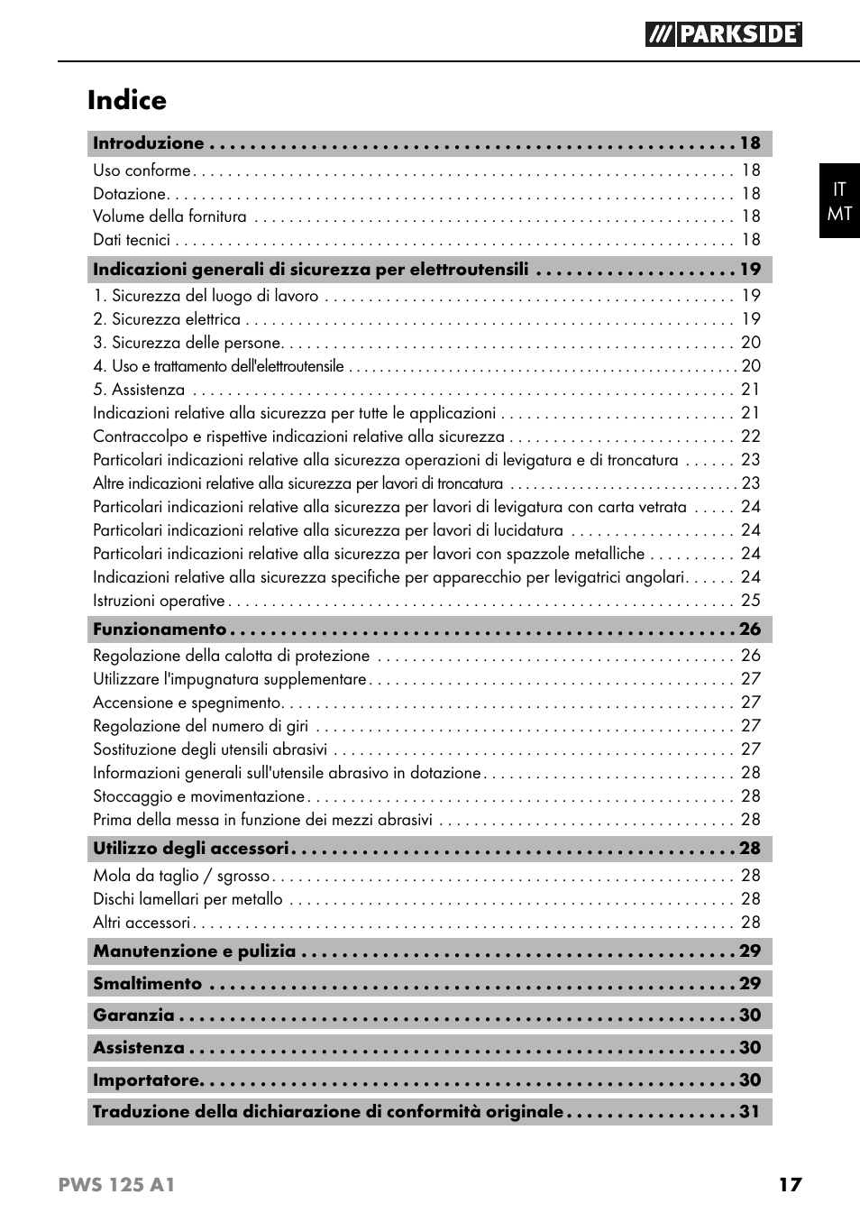 Indice | Parkside PWS 125 A1 User Manual | Page 20 / 79
