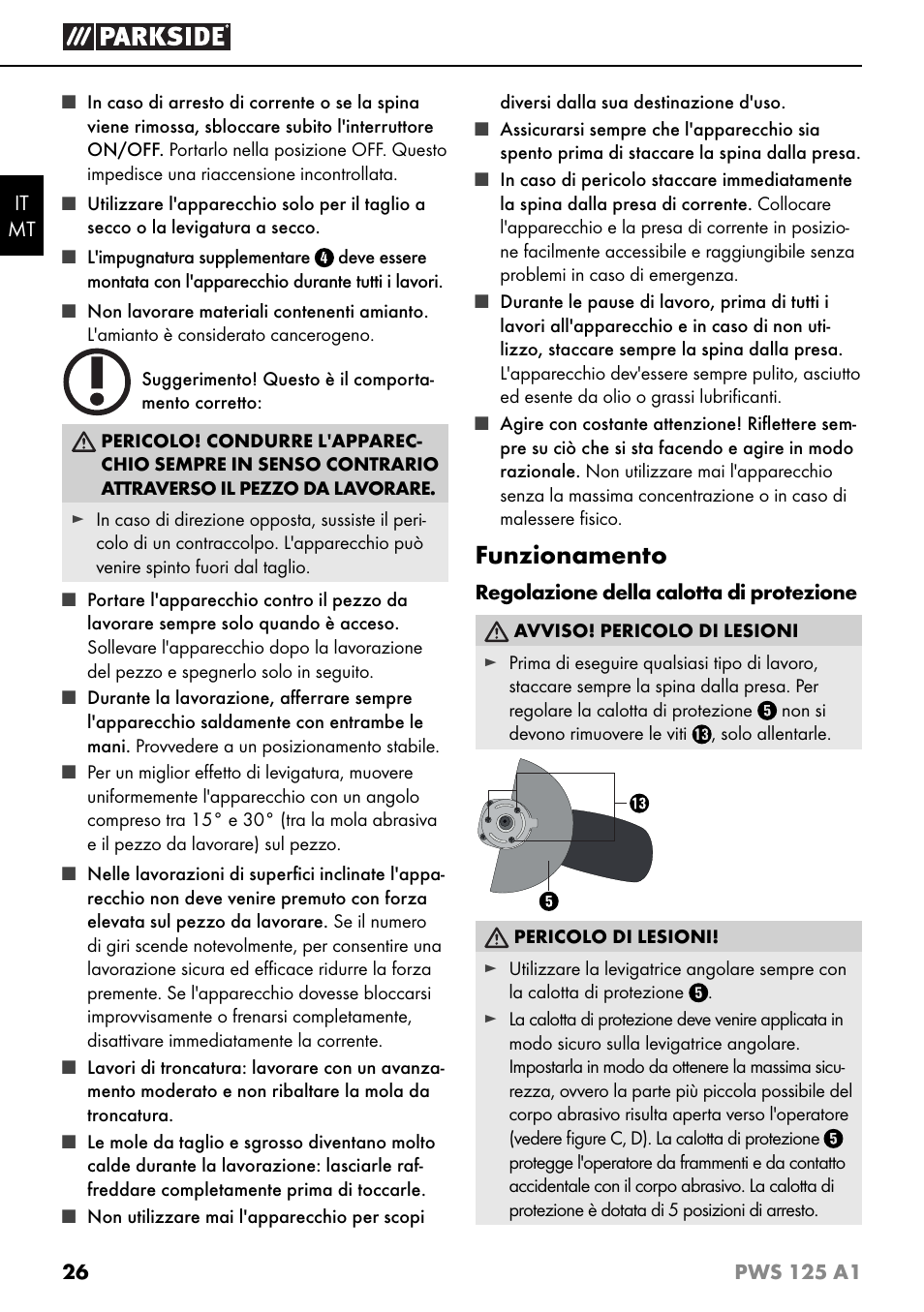 Funzionamento | Parkside PWS 125 A1 User Manual | Page 29 / 79