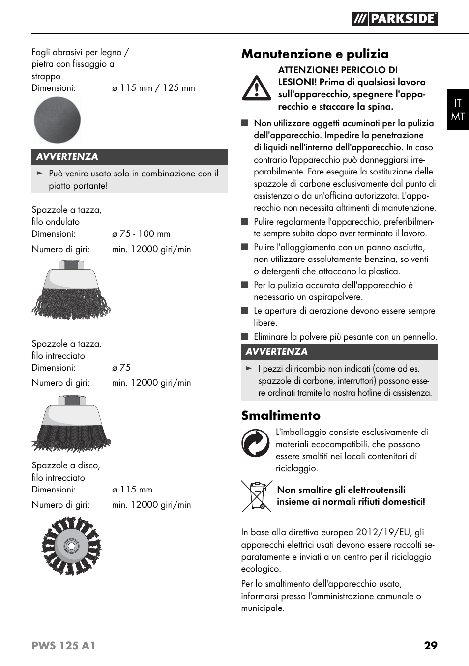 Manutenzione e pulizia, Smaltimento | Parkside PWS 125 A1 User Manual | Page 32 / 79