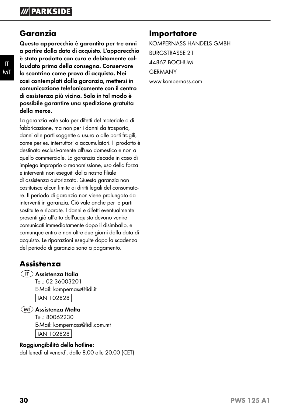 Garanzia, Assistenza, Importatore | Parkside PWS 125 A1 User Manual | Page 33 / 79