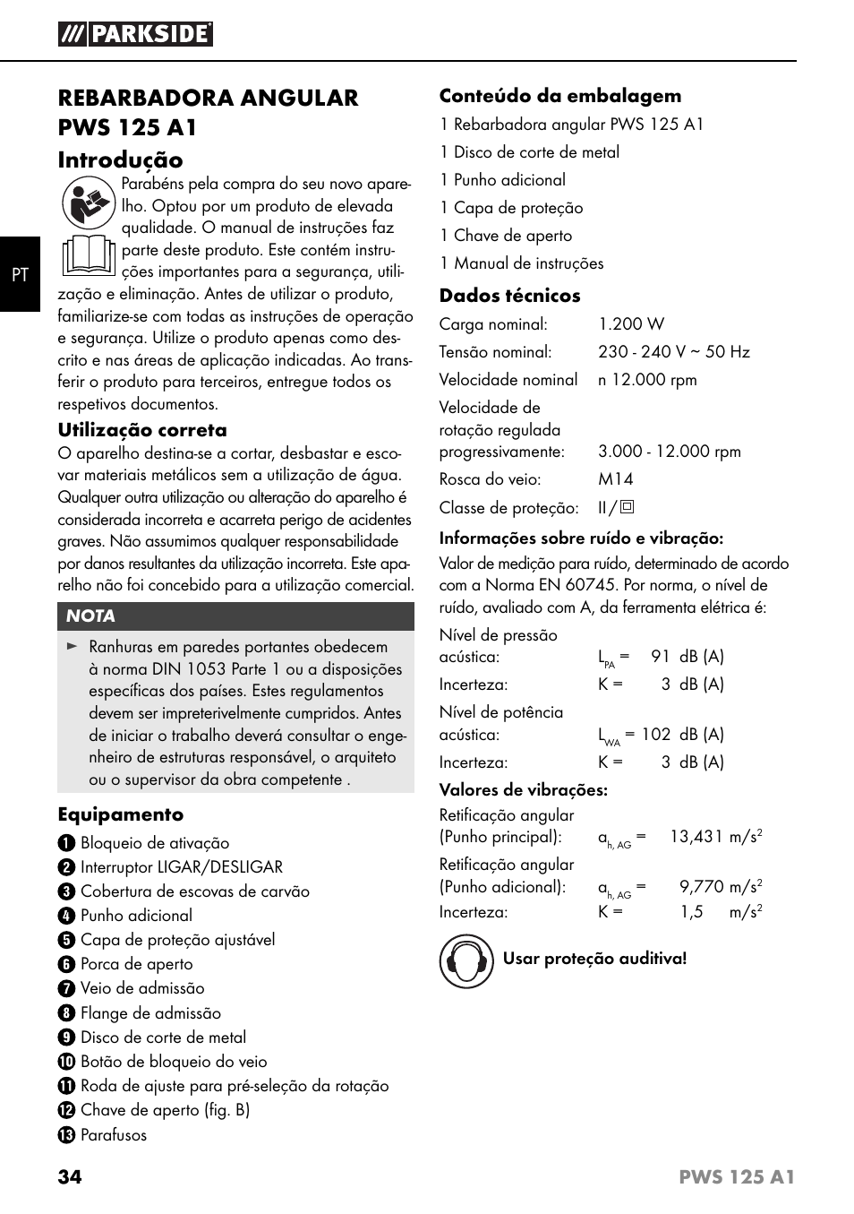 Rebarbadora angular pws 125 a1 introdução | Parkside PWS 125 A1 User Manual | Page 37 / 79