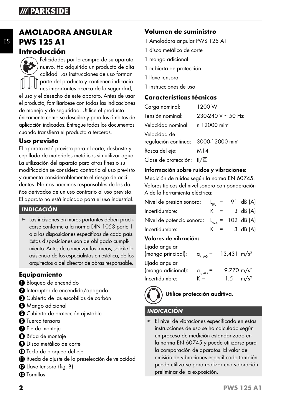 Amoladora angular pws 125 a1 introducción | Parkside PWS 125 A1 User Manual | Page 5 / 79