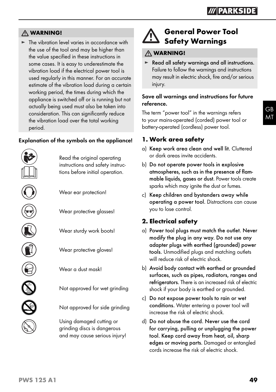 General power tool safety warnings | Parkside PWS 125 A1 User Manual | Page 52 / 79