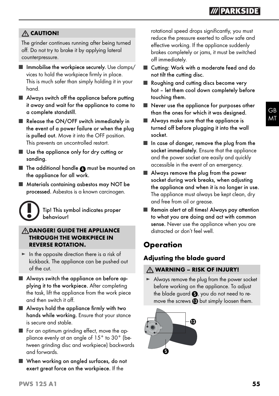 Operation | Parkside PWS 125 A1 User Manual | Page 58 / 79