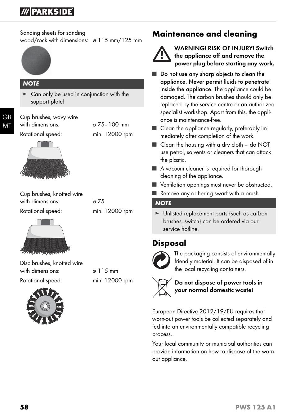 Maintenance and cleaning, Disposal | Parkside PWS 125 A1 User Manual | Page 61 / 79