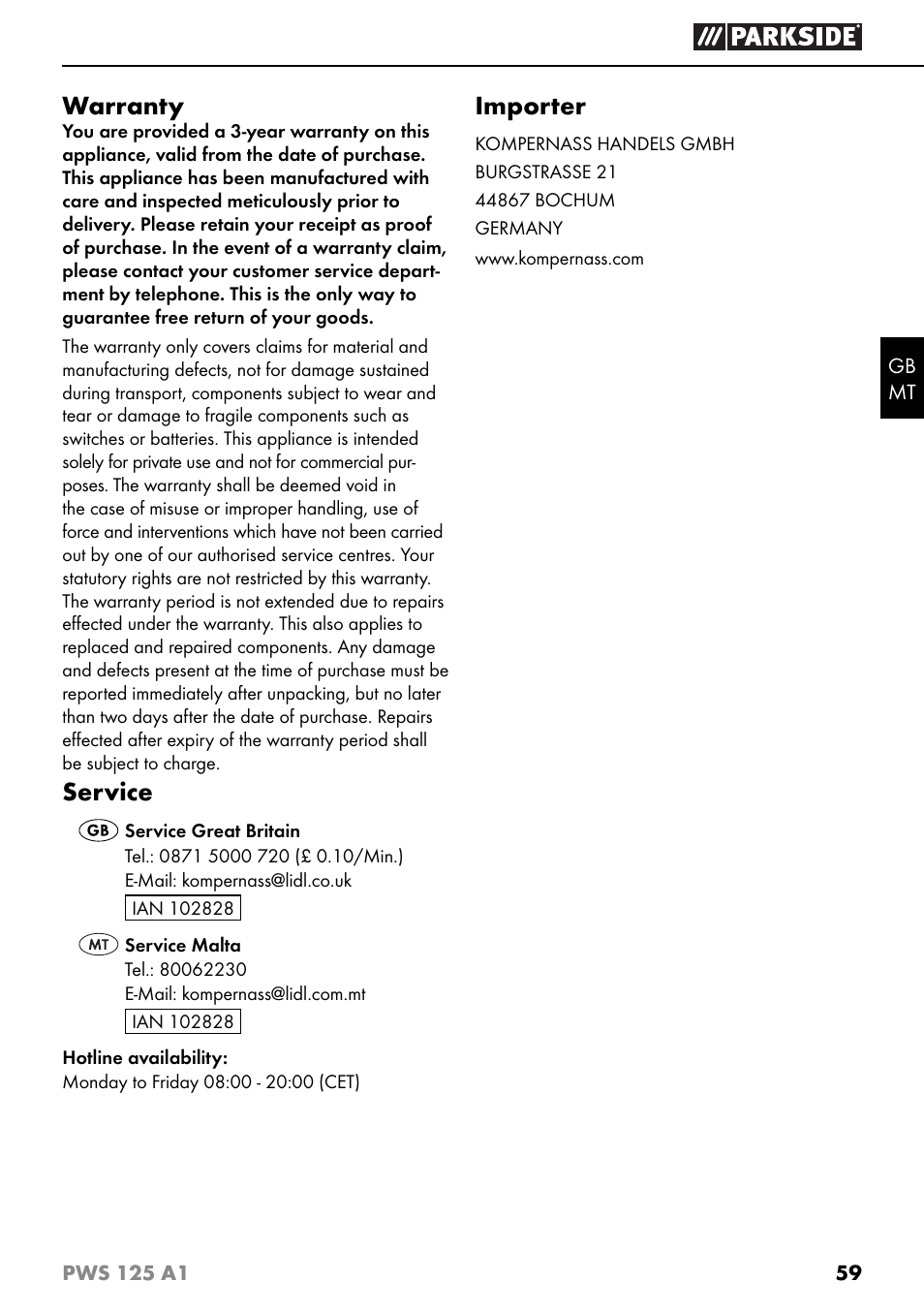Warranty, Service, Importer | Parkside PWS 125 A1 User Manual | Page 62 / 79