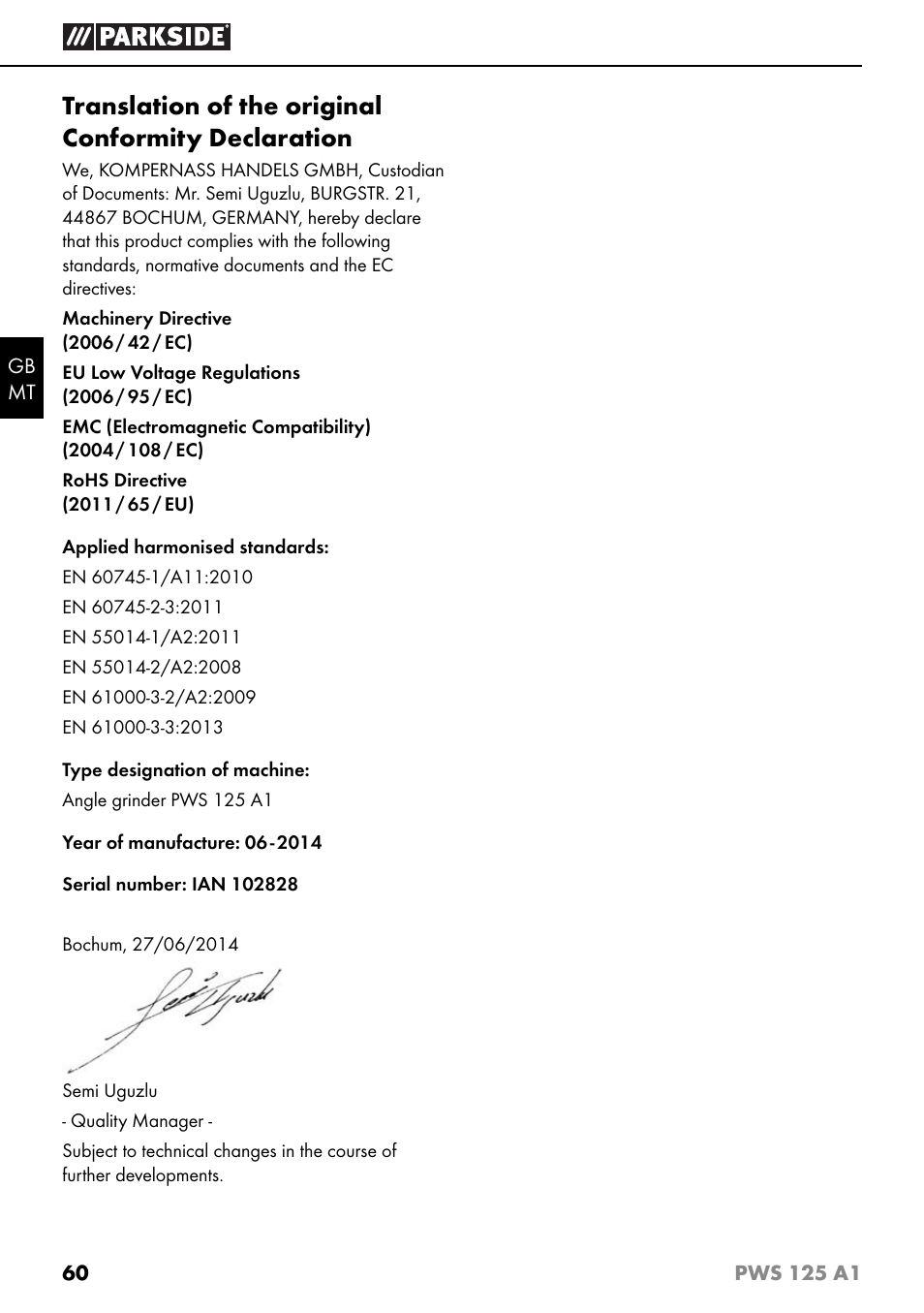 Translation of the original conformity declaration | Parkside PWS 125 A1 User Manual | Page 63 / 79