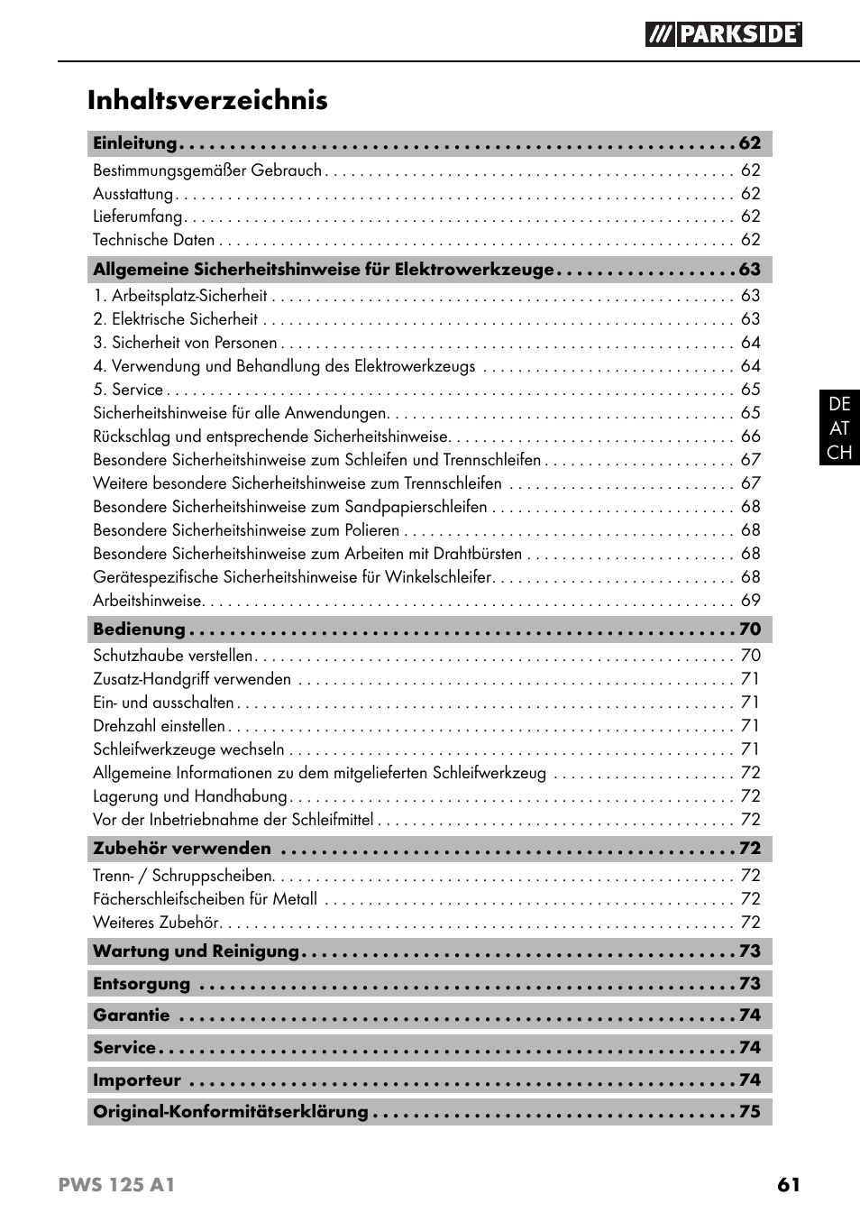 Parkside PWS 125 A1 User Manual | Page 64 / 79