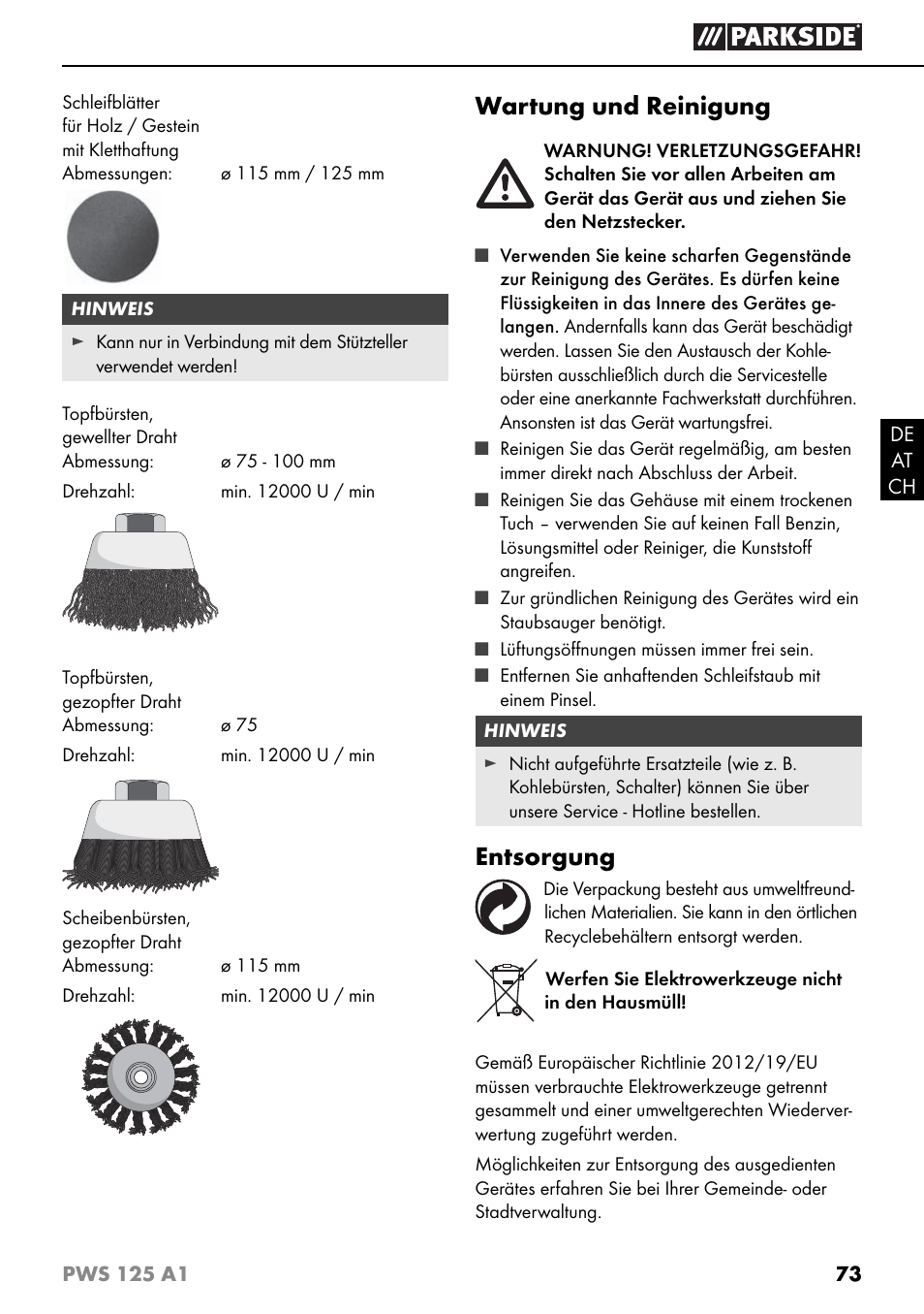 Wartung und reinigung, Entsorgung | Parkside PWS 125 A1 User Manual | Page 76 / 79
