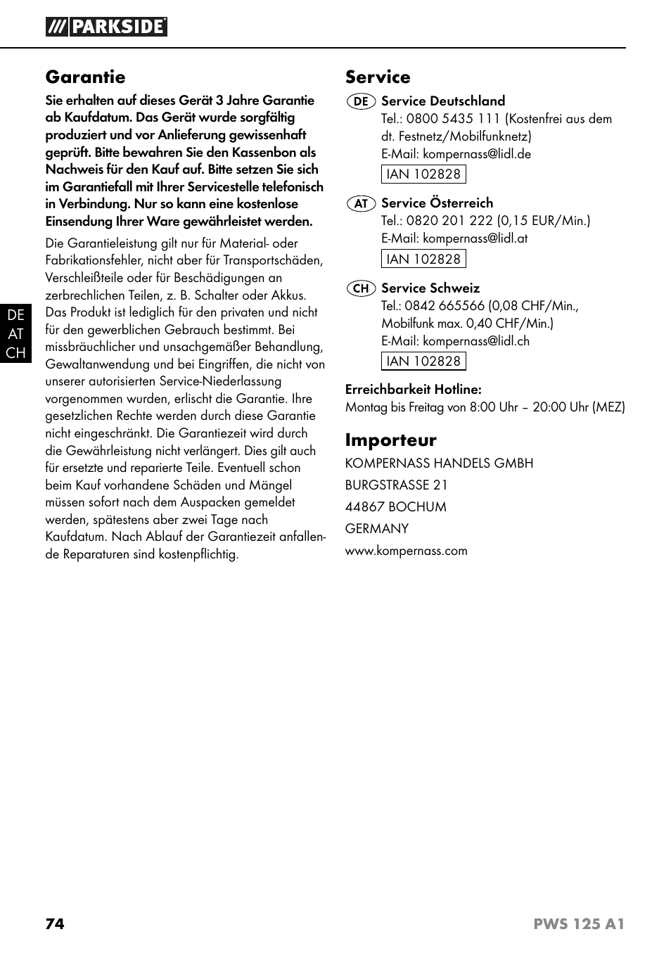 Garantie, Service, Importeur | Parkside PWS 125 A1 User Manual | Page 77 / 79