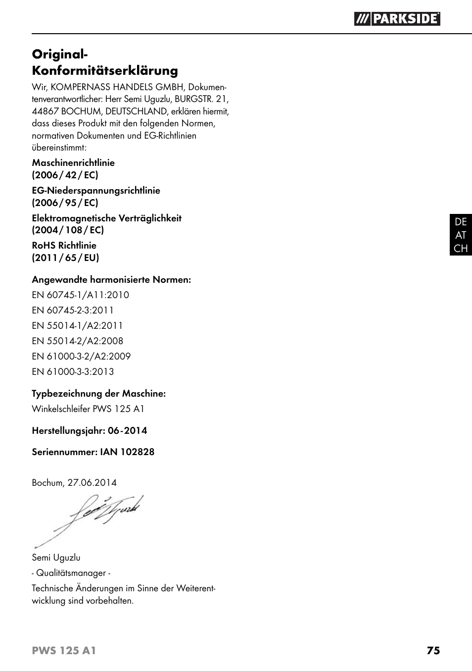 Original- konformitätserklärung | Parkside PWS 125 A1 User Manual | Page 78 / 79