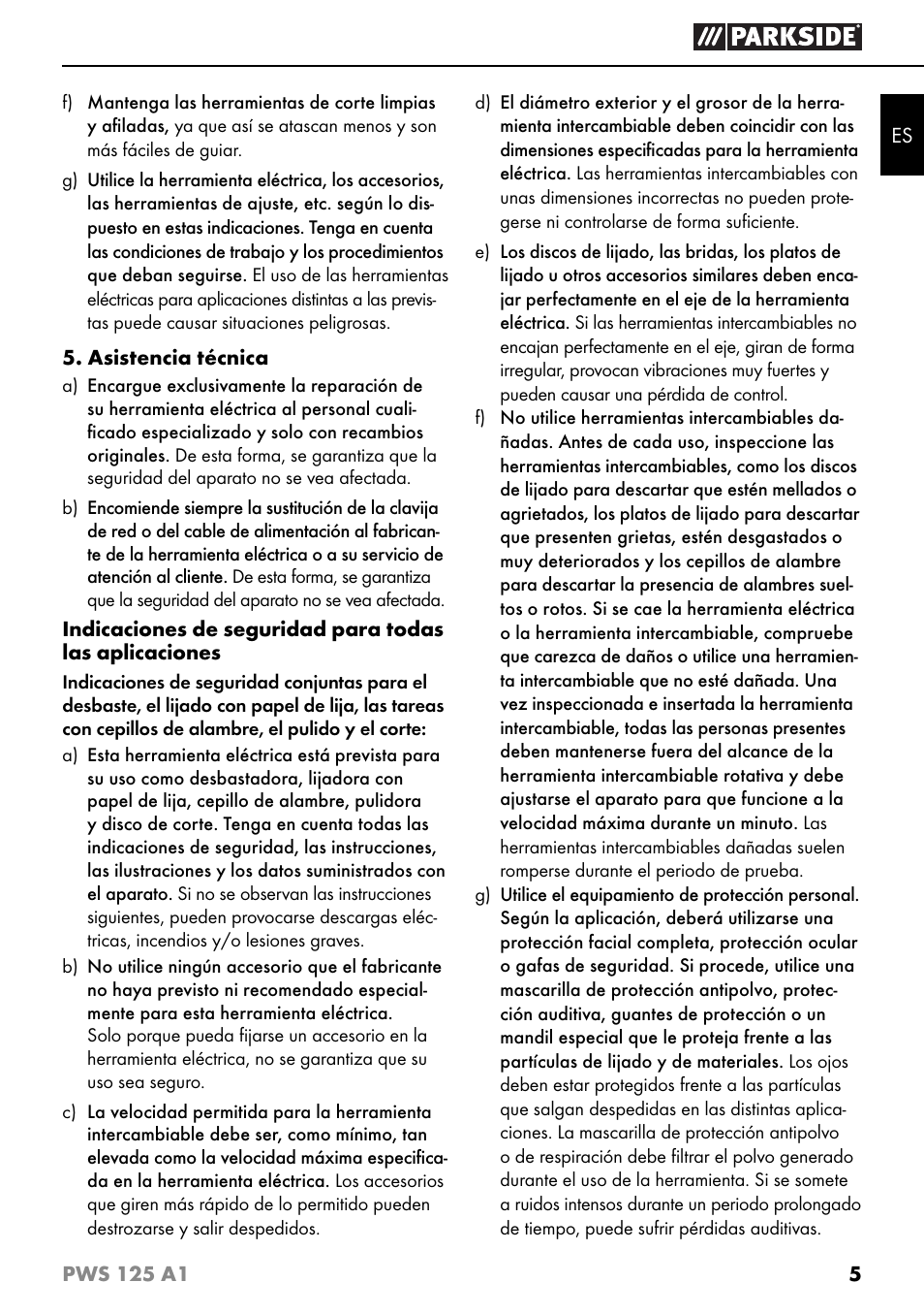 Parkside PWS 125 A1 User Manual | Page 8 / 79